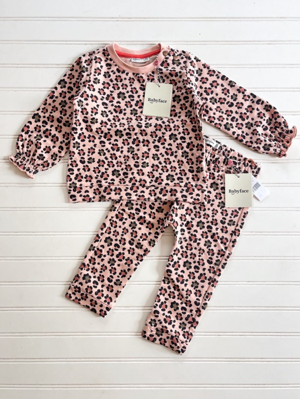 MAISONETTE BABYFACE NWT Pink Leopard Print Comfy Cozy French Terrycloth Set